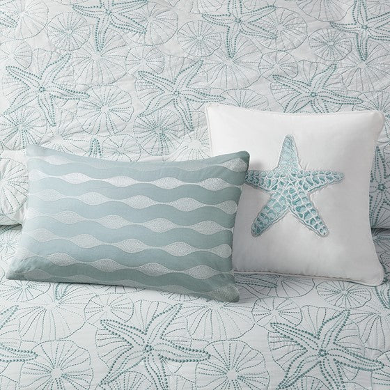 Coastal Maya Bay Duvet Cover Set 3PC - White With Seafoam Blue Hues - Quahog Bay Bedding