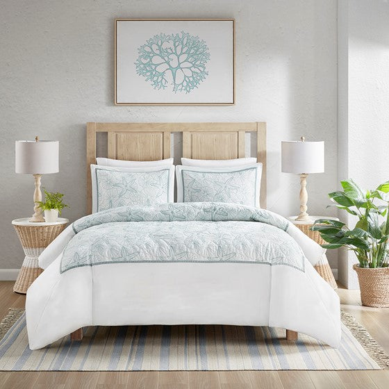 Coastal Maya Bay Duvet Cover Set 3PC - White With Seafoam Blue Hues - Quahog Bay Bedding