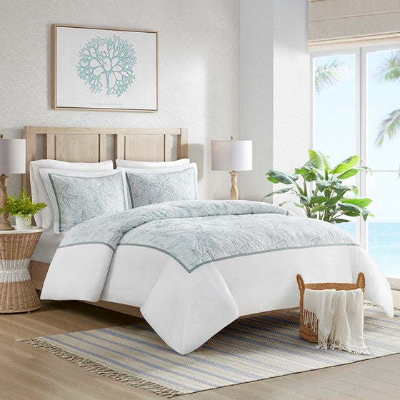 Coastal Maya Bay Duvet Cover Set 3PC - White With Seafoam Blue Hues - Quahog Bay Bedding