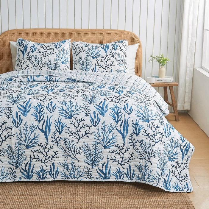 Sale! Queen Coastal Navy Coral Quilt Set | Saelia Collection| Lightweight Microfiber