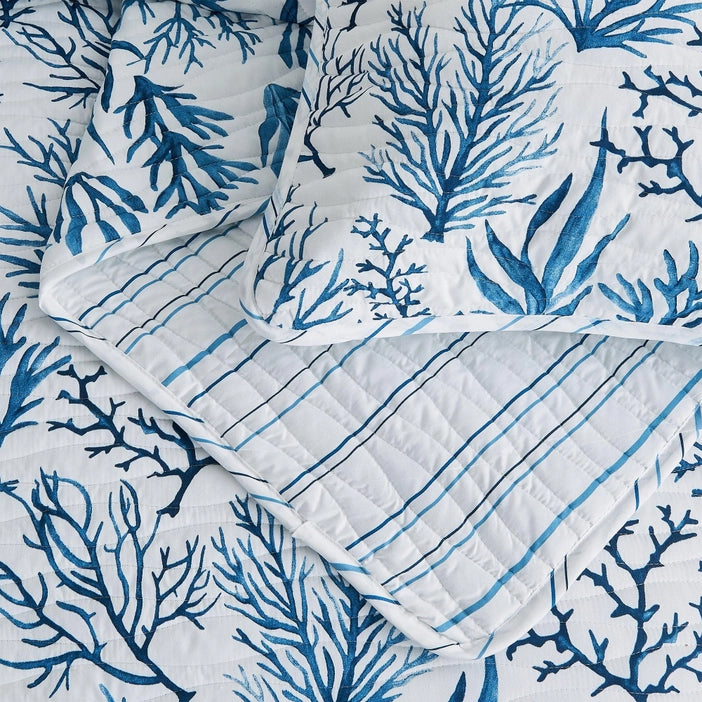 Sale! Queen Coastal Navy Coral Quilt Set | Saelia Collection| Lightweight Microfiber