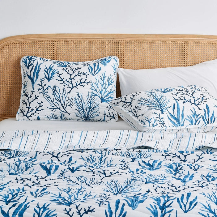 Sale! Queen Coastal Navy Coral Quilt Set | Saelia Collection| Lightweight Microfiber