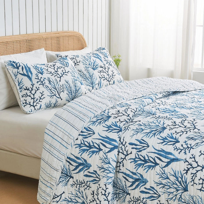 Sale! Queen Coastal Navy Coral Quilt Set | Saelia Collection| Lightweight Microfiber