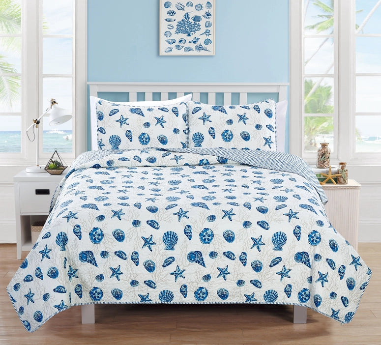 Sale! Queen Coastal Blue Quilt Set Bali Collection 3PC - Lightweight Microfiber