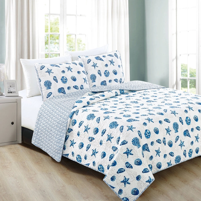 Sale! Queen Coastal Blue Quilt Set Bali Collection 3PC - Lightweight Microfiber