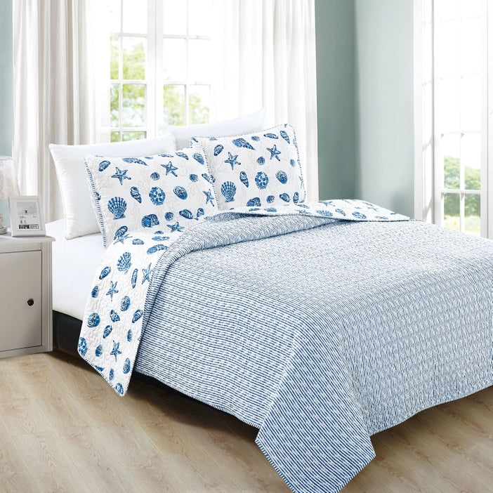 Sale! Queen Coastal Blue Quilt Set Bali Collection 3PC - Lightweight Microfiber