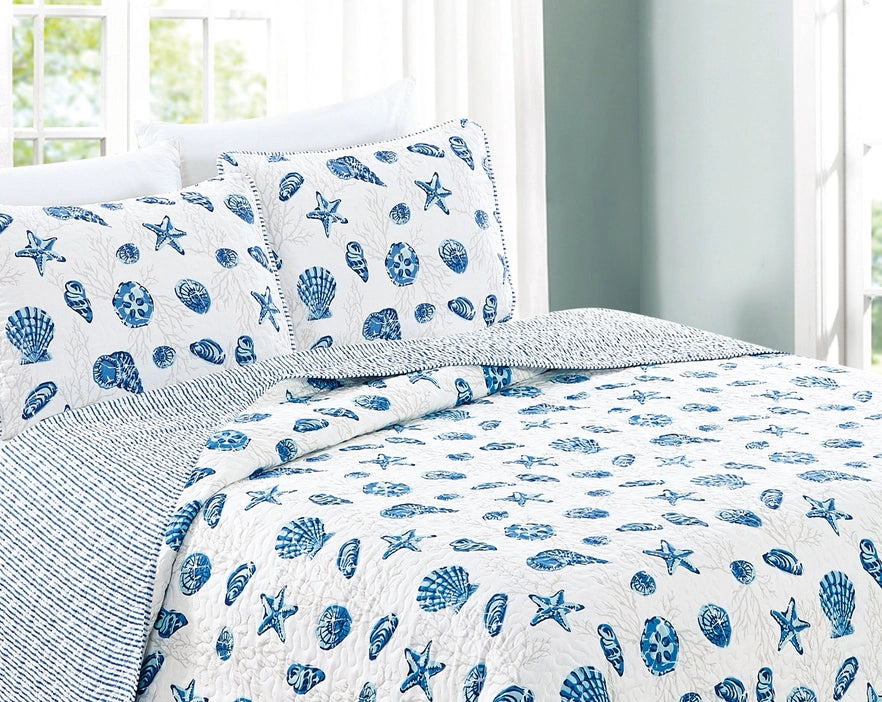 Sale! Queen Coastal Blue Quilt Set Bali Collection 3PC - Lightweight Microfiber