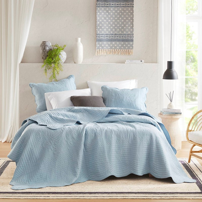 Coastal Scalloped Edge Quilt Set 3PC - Blue