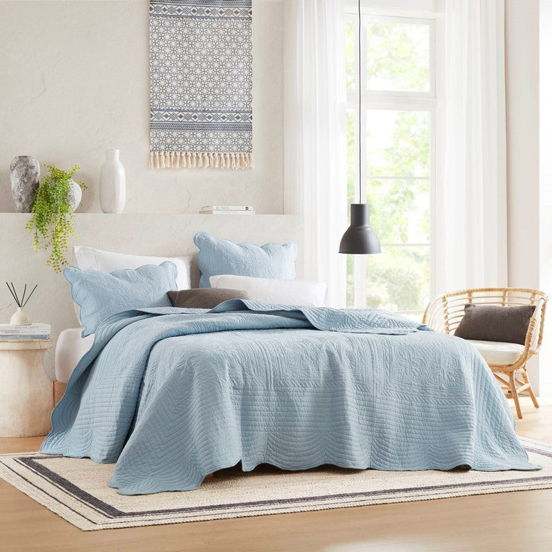 Coastal Scalloped Edge Quilt Set 3PC - Blue