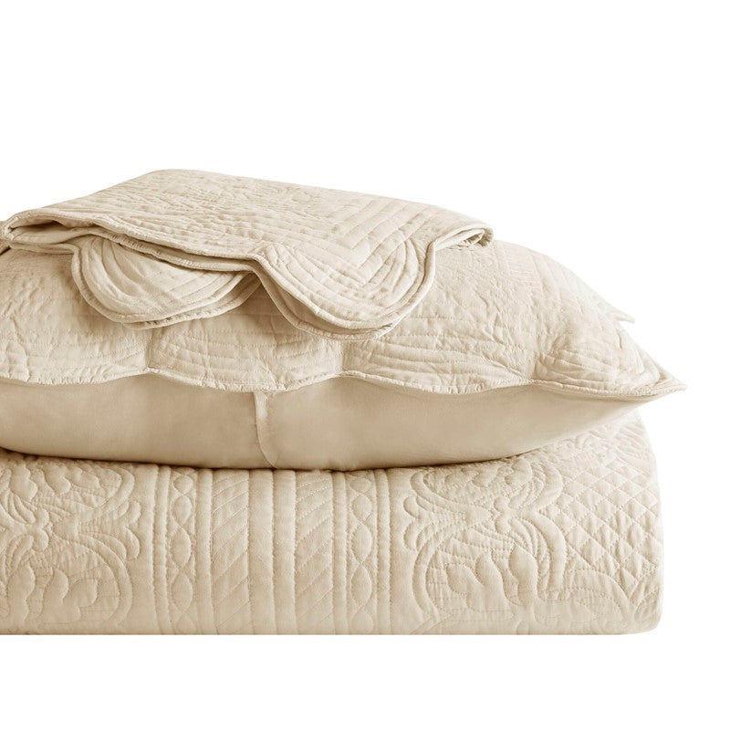 Coastal Scalloped Edge Quilt Set 3PC - Cream