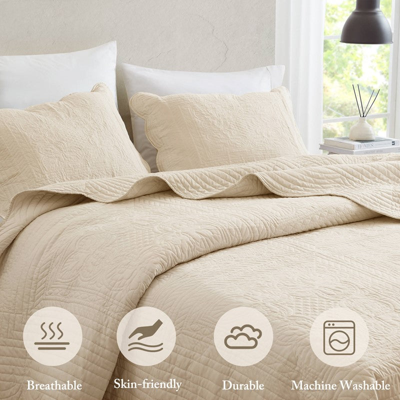 Coastal Scalloped Edge Quilt Set 3PC - Cream