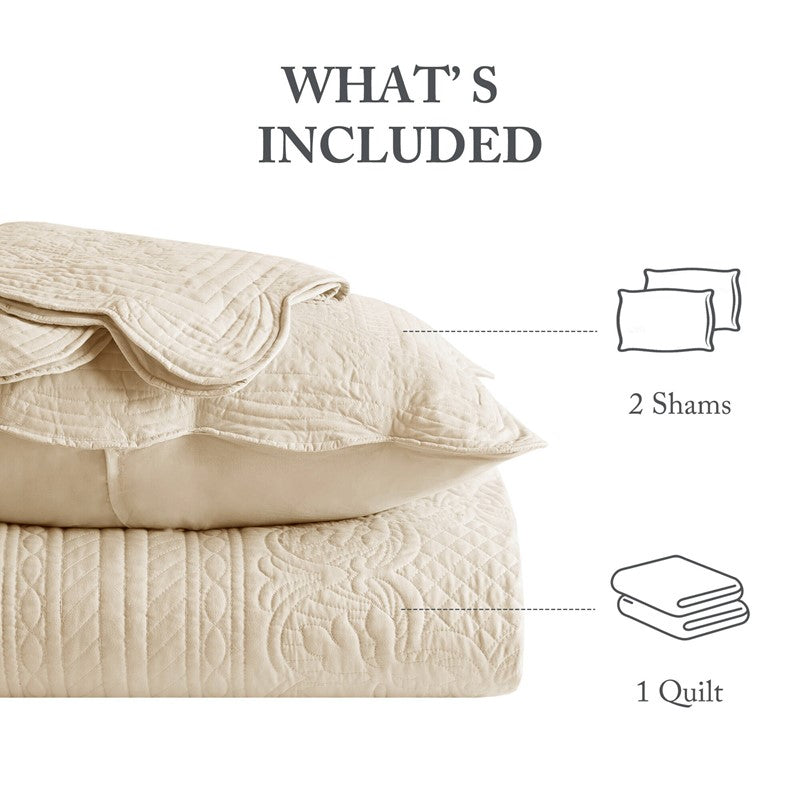 Coastal Scalloped Edge Quilt Set 3PC - Cream