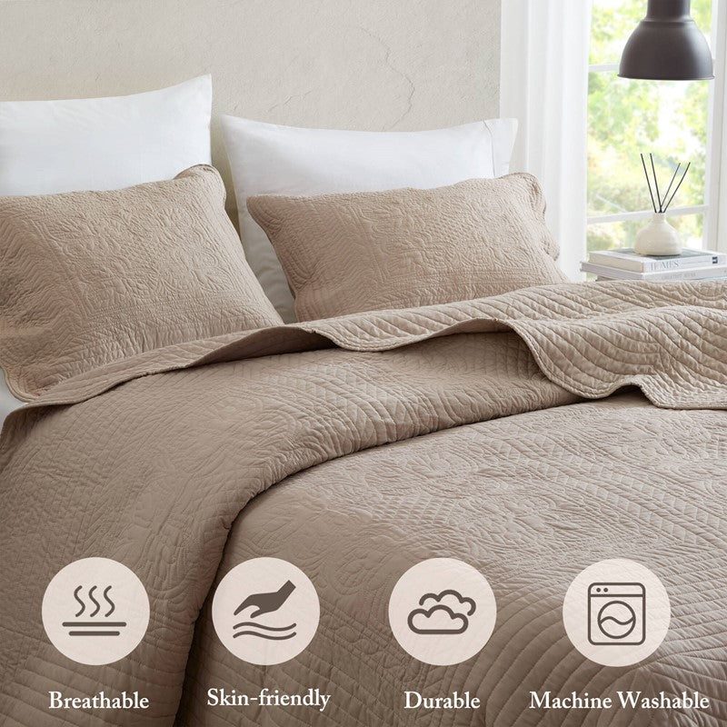 Coastal Scalloped Edge Quilt Set 3PC - Khaki