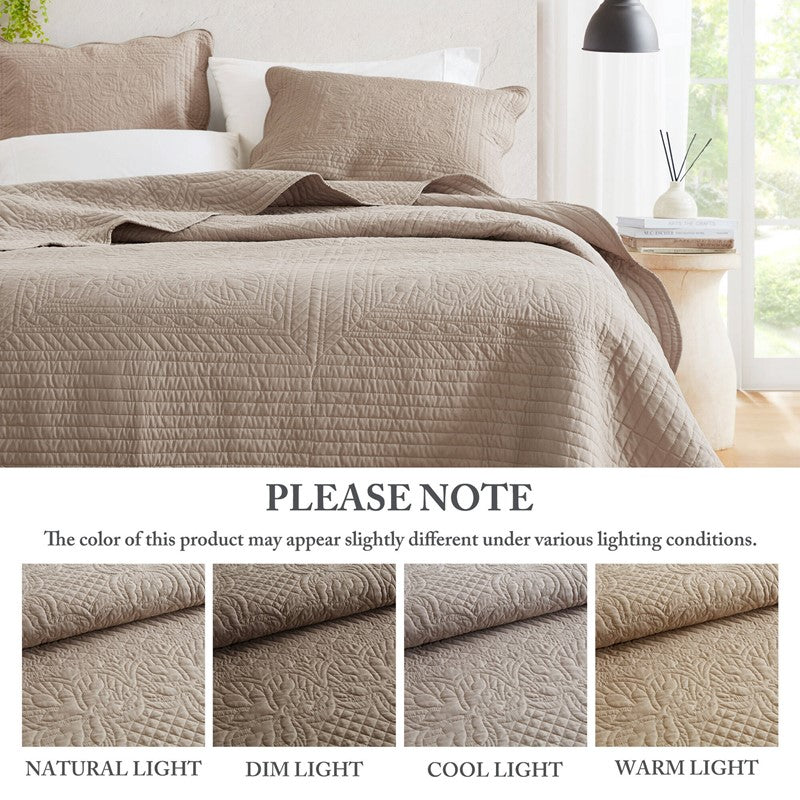 Coastal Scalloped Edge Quilt Set 3PC - Khaki