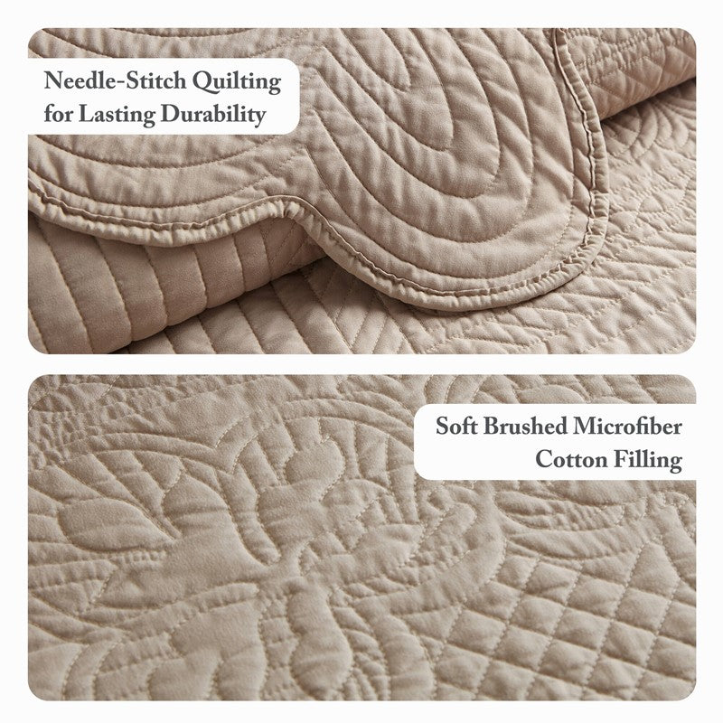 Coastal Scalloped Edge Quilt Set 3PC - Khaki