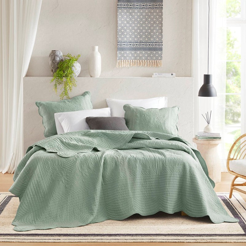 Coastal Scalloped Edge Quilt Set 3PC - Seafoam