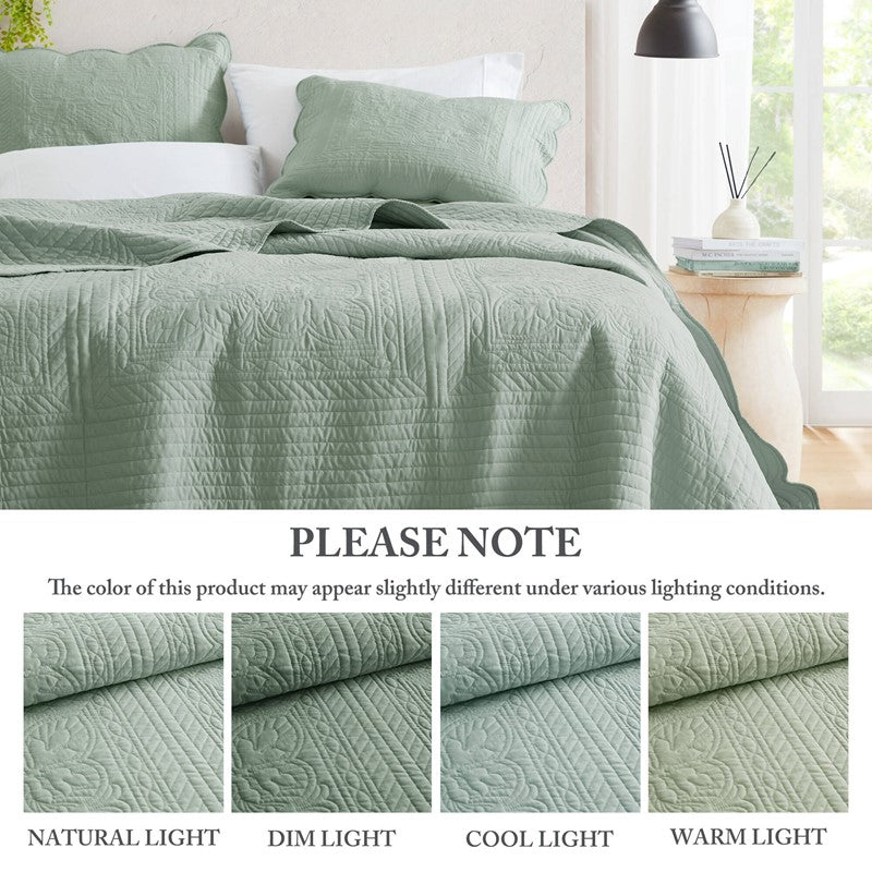 Coastal Scalloped Edge Quilt Set 3PC - Seafoam