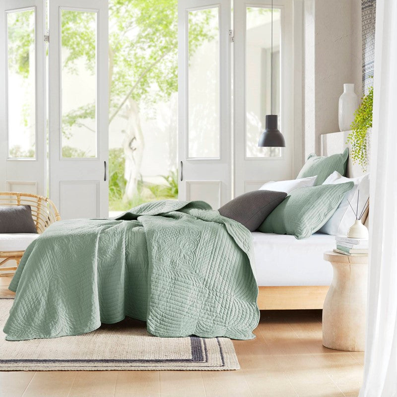 Coastal Scalloped Edge Quilt Set 3PC - Seafoam