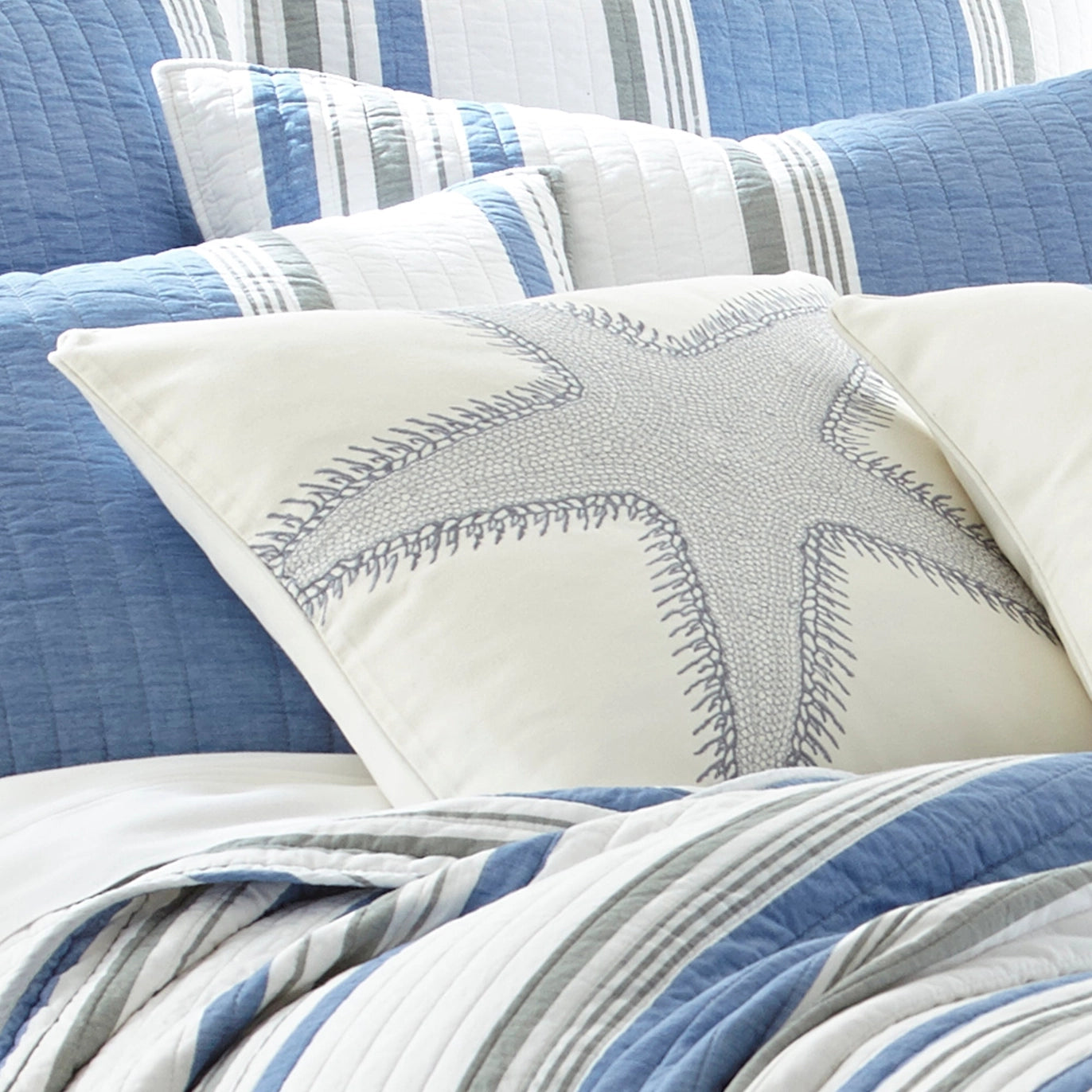 St Bart Stripe Embroidered Star Fish Pillow - Quahog Bay Bedding