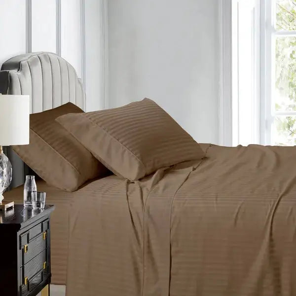 Egyptian Linens Split Top King Sheets 600TC 100% Cotton Damaske Stripe- Fitted Sheet With Wings - Quahog Bay Bedding