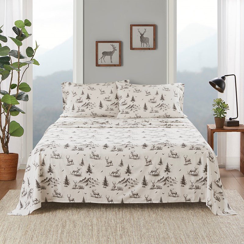 Woolrich 100% Cotton Printed Flannel Sheet Set - Green Deer Toile - Quahog Bay Bedding