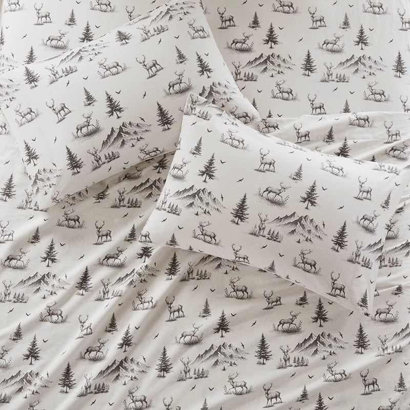 Woolrich 100% Cotton Printed Flannel Sheet Set - Green Deer Toile