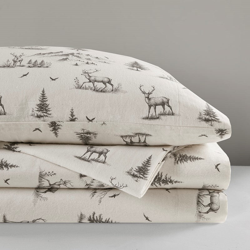 Woolrich 100% Cotton Printed Flannel Sheet Set - Green Deer Toile