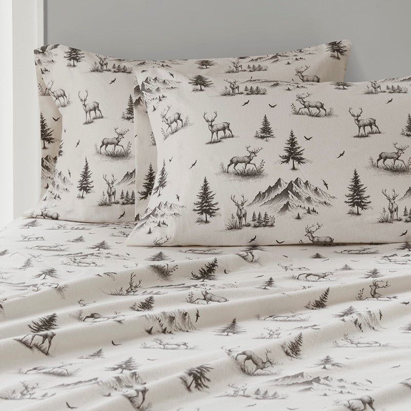 Woolrich 100% Cotton Printed Flannel Sheet Set - Green Deer Toile