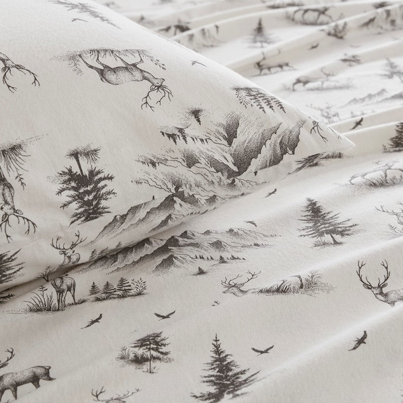 Woolrich 100% Cotton Printed Flannel Sheet Set - Green Deer Toile