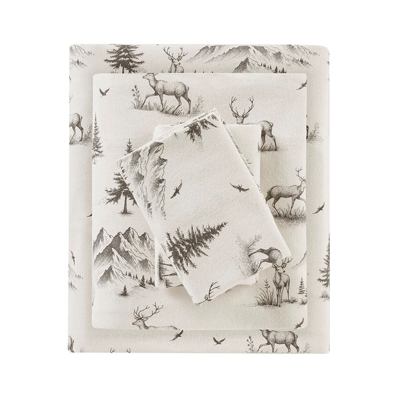 Woolrich 100% Cotton Printed Flannel Sheet Set - Green Deer Toile