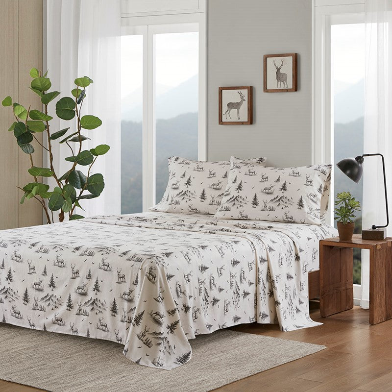 Woolrich 100% Cotton Printed Flannel Sheet Set - Green Deer Toile