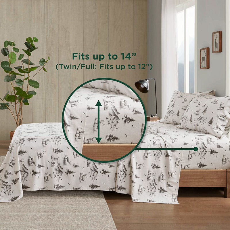 Woolrich 100% Cotton Printed Flannel Sheet Set - Green Deer Toile