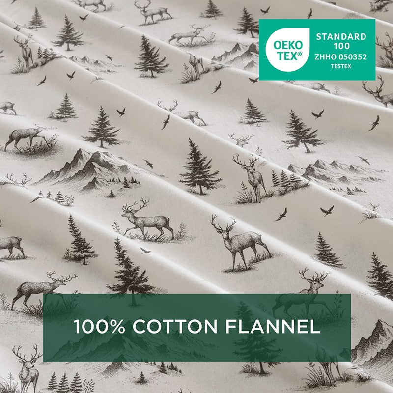 Woolrich 100% Cotton Printed Flannel Sheet Set - Green Deer Toile