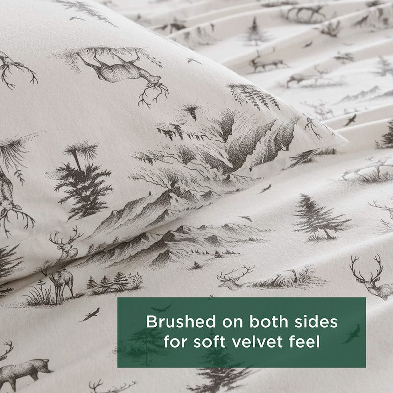 Woolrich 100% Cotton Printed Flannel Sheet Set - Green Deer Toile