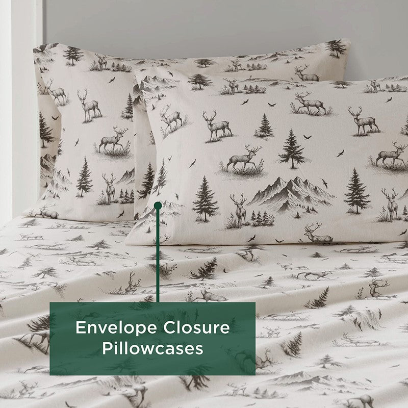 Woolrich 100% Cotton Printed Flannel Sheet Set - Green Deer Toile