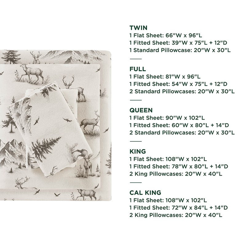 Woolrich 100% Cotton Printed Flannel Sheet Set - Green Deer Toile