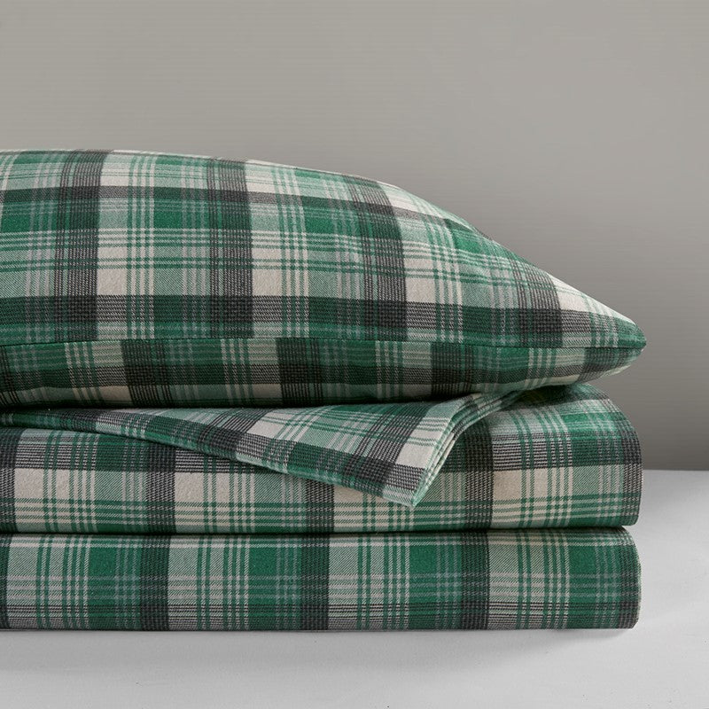Woolrich 100% Cotton Printed Flannel Sheet Set - Green Plaid