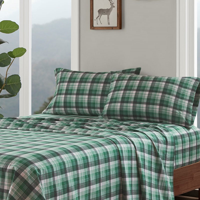 Woolrich 100% Cotton Printed Flannel Sheet Set - Green Plaid