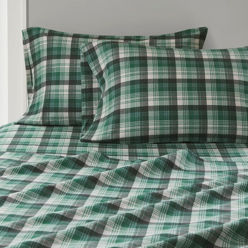 Woolrich 100% Cotton Printed Flannel Sheet Set - Green Plaid