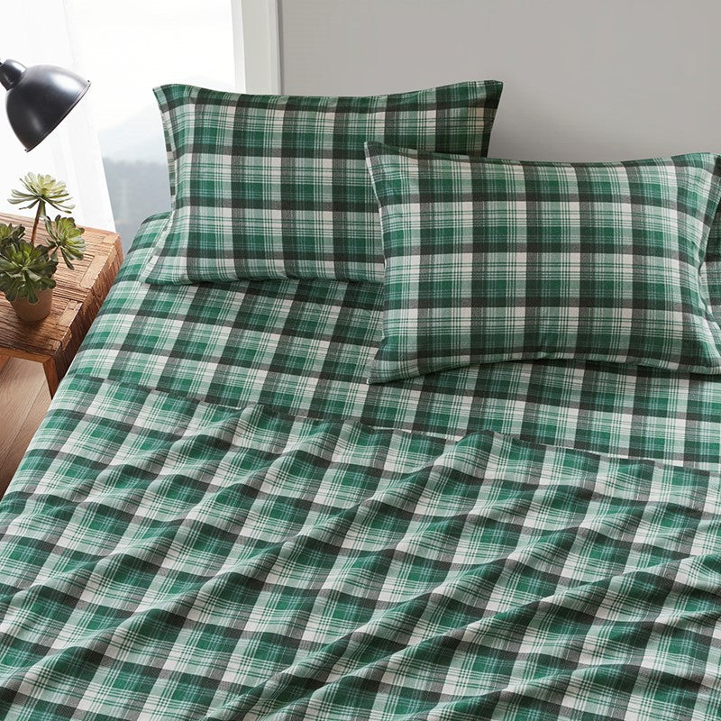 Woolrich 100% Cotton Printed Flannel Sheet Set - Green Plaid