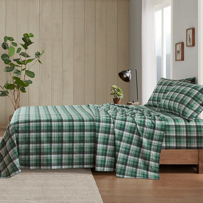 Woolrich 100% Cotton Printed Flannel Sheet Set - Green Plaid