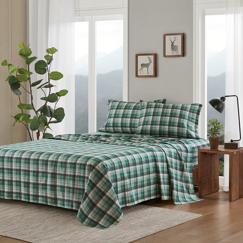 Woolrich 100% Cotton Printed Flannel Sheet Set - Green Plaid