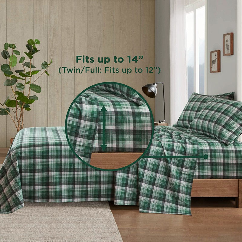 Woolrich 100% Cotton Printed Flannel Sheet Set - Green Plaid