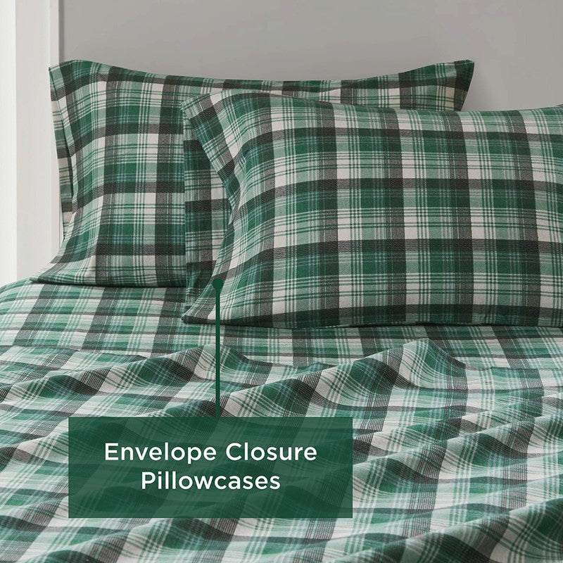 Woolrich 100% Cotton Printed Flannel Sheet Set - Green Plaid