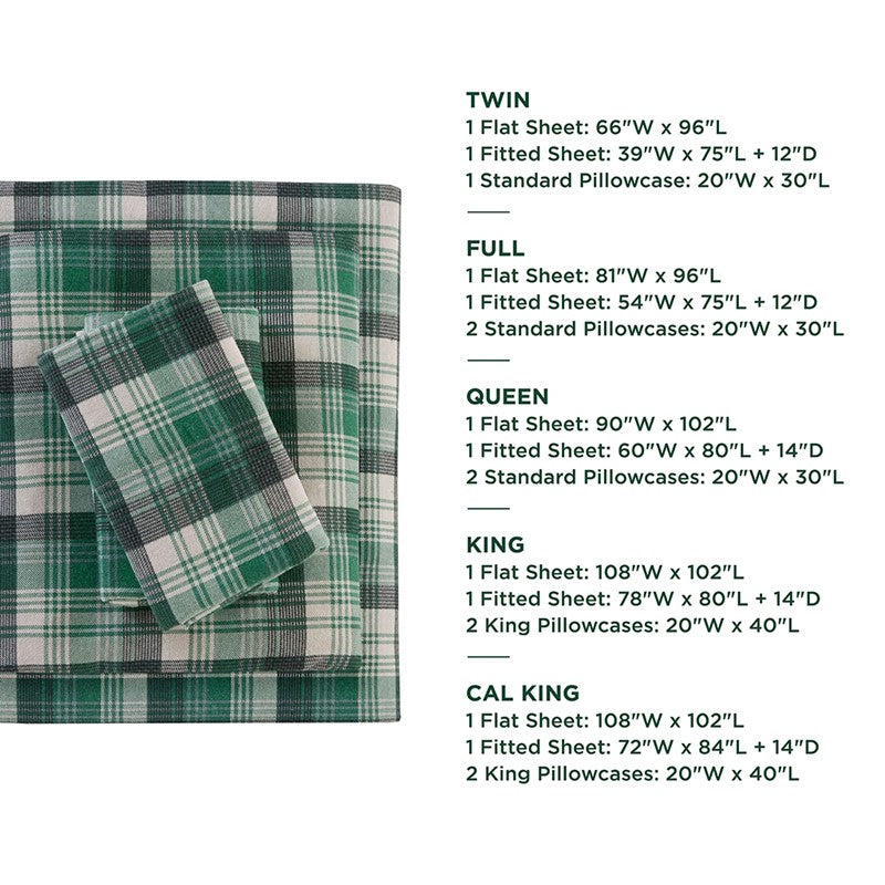 Woolrich 100% Cotton Printed Flannel Sheet Set - Green Plaid