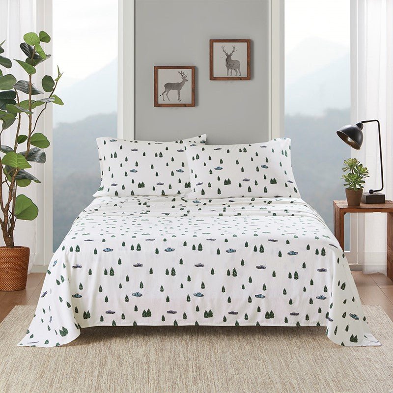 Woolrich 100% Cotton Printed Flannel Sheet Set - Green Trees And Trucks - Quahog Bay Bedding