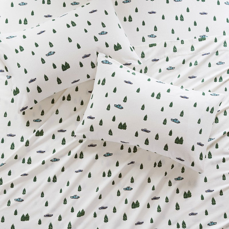 Woolrich 100% Cotton Printed Flannel Sheet Set - Green Trees And Trucks