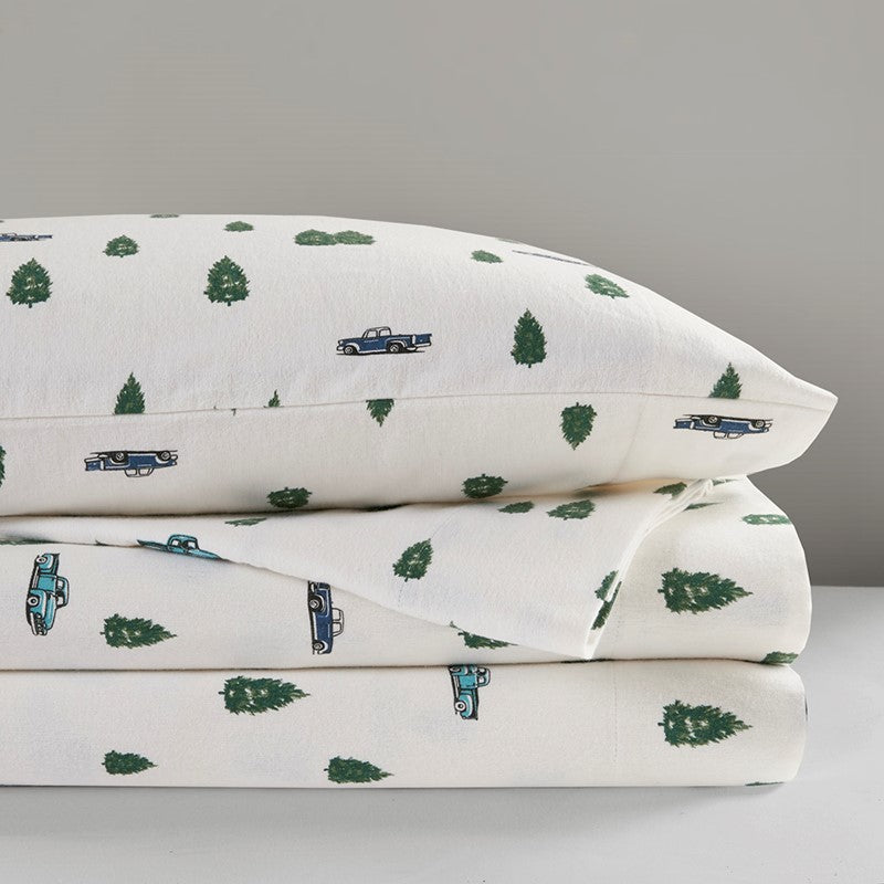 Woolrich 100% Cotton Printed Flannel Sheet Set - Green Trees And Trucks
