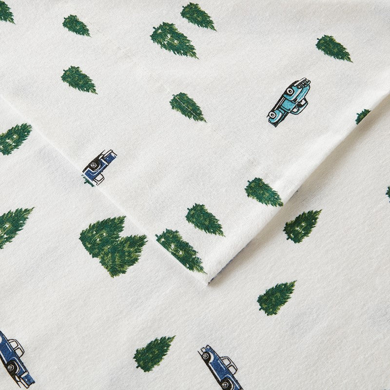 Woolrich 100% Cotton Printed Flannel Sheet Set - Green Trees And Trucks