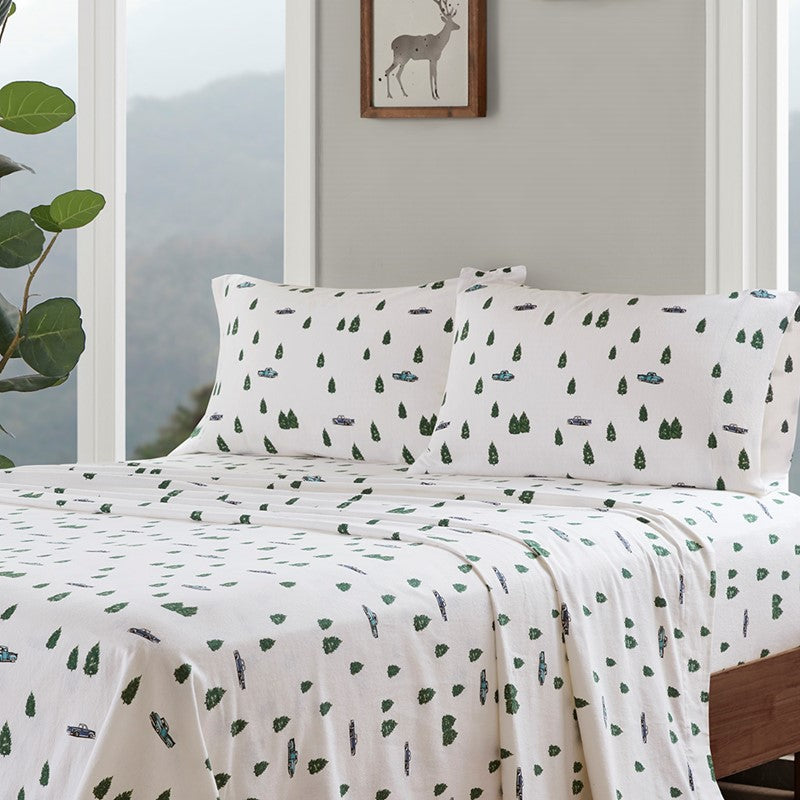 Woolrich 100% Cotton Printed Flannel Sheet Set - Green Trees And Trucks